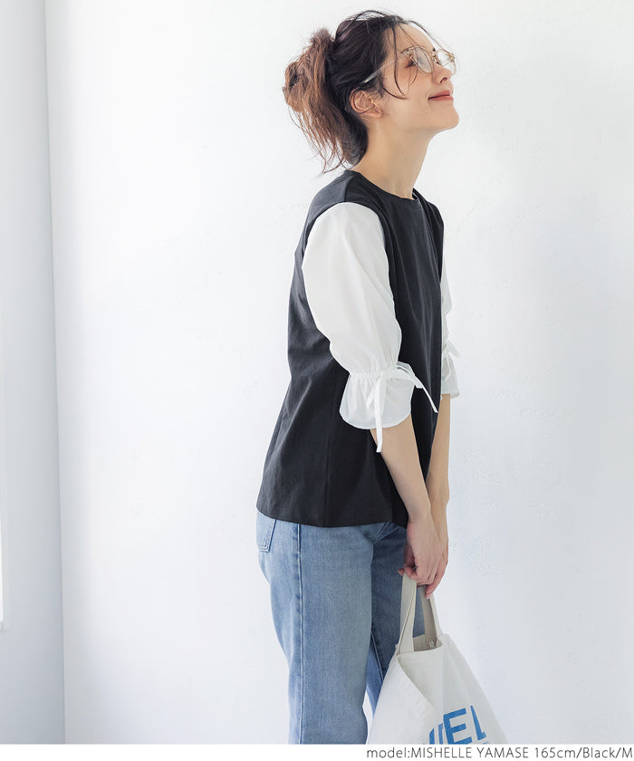 HB4★値下げ★1690円→1290円【メール便可】ドッキングＴシャツ レディース 袖シャツ バルーンスリーブ 袖コンシャス 異素材 切替え リボン ラウンドネック 21ss coca