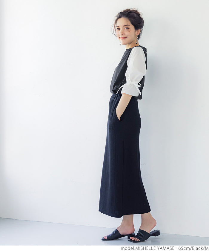 HB4★値下げ★1690円→1290円【メール便可】ドッキングＴシャツ レディース 袖シャツ バルーンスリーブ 袖コンシャス 異素材 切替え リボン ラウンドネック 21ss coca
