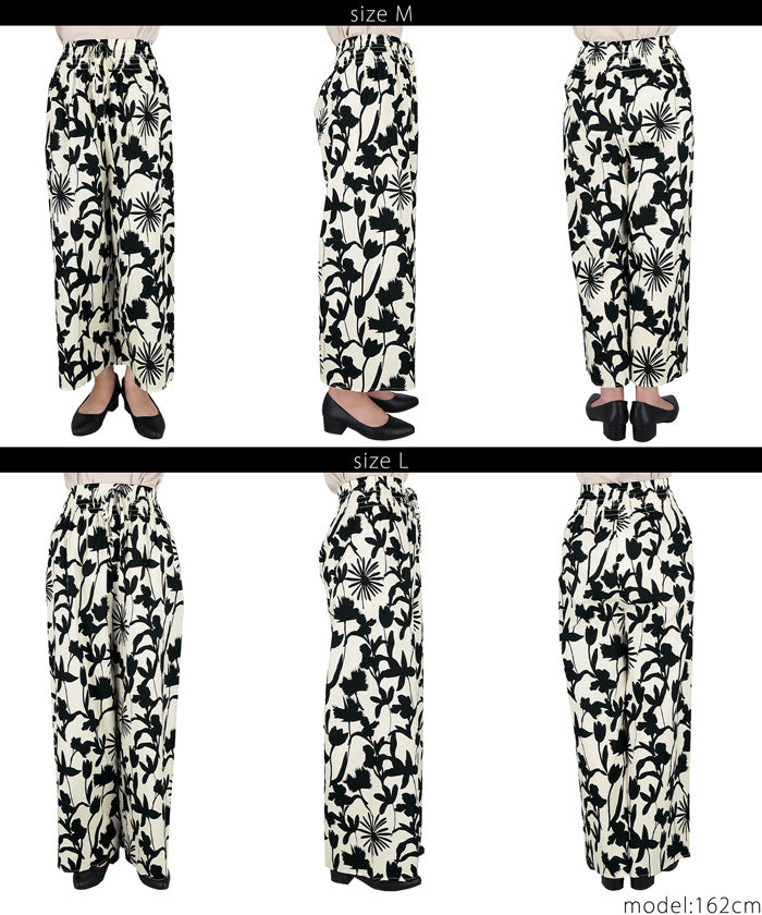 HB4★値下げ★1690円→1490円【メール便可】ワイドパンツ レディース 花柄 ロング丈 アンクル丈 綿100％ コットン ウエストゴム モノトーン 薄手 フラワー 21ss coca コカ