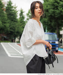 HB4★値下げ1990円→777円【メール便可】ブラウス レディース ドルマンスリーブ Vネック テールカット バンドカラー 前後差 半袖 コットン 綿100％ 無地 21ss coca コカ