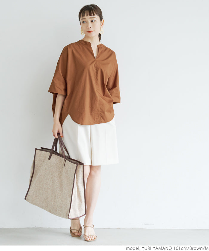 HB4★値下げ1990円→777円【メール便可】ブラウス レディース ドルマンスリーブ Vネック テールカット バンドカラー 前後差 半袖 コットン 綿100％ 無地 21ss coca コカ