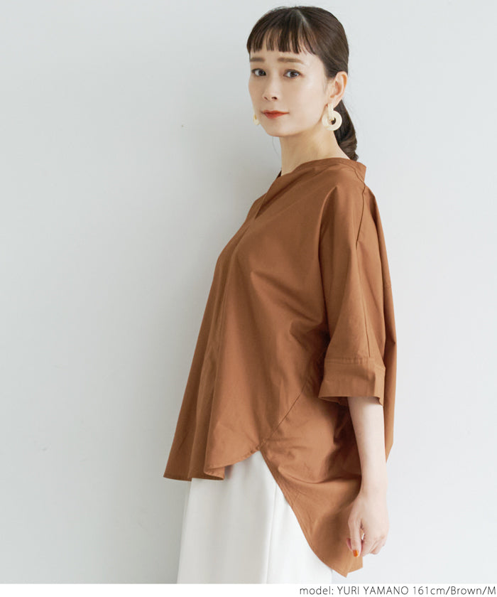 HB4★値下げ1990円→777円【メール便可】ブラウス レディース ドルマンスリーブ Vネック テールカット バンドカラー 前後差 半袖 コットン 綿100％ 無地 21ss coca コカ