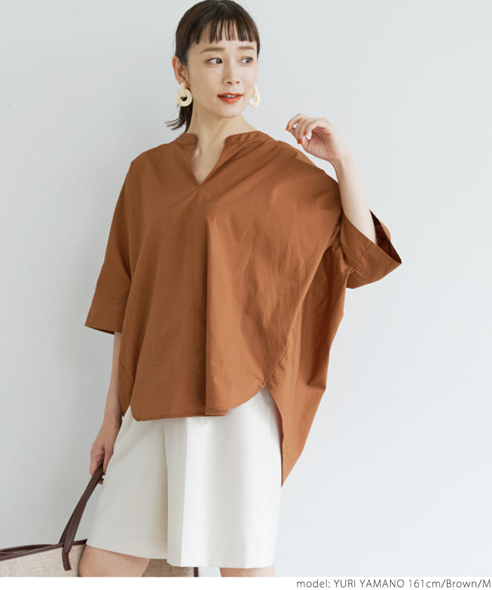 HB4★値下げ1990円→777円【メール便可】ブラウス レディース ドルマンスリーブ Vネック テールカット バンドカラー 前後差 半袖 コットン 綿100％ 無地 21ss coca コカ