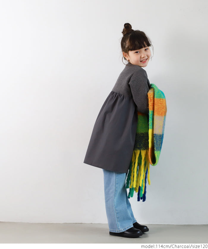 セール★1990円→990円 キッズ 100-130 ワンピース ドッキング チュニック クルーネック 裏起毛 ギャザー 女の子 キッズオリジナル 子供服 メール便不可コカ