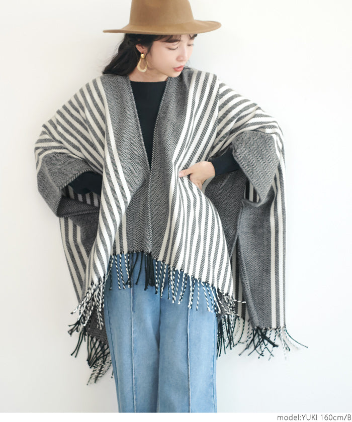 HB4★【メール便不可】ポンチョ レディース 着るストール ショール カーディガン 無地 チェック柄 ストライプ ヘリンボーン