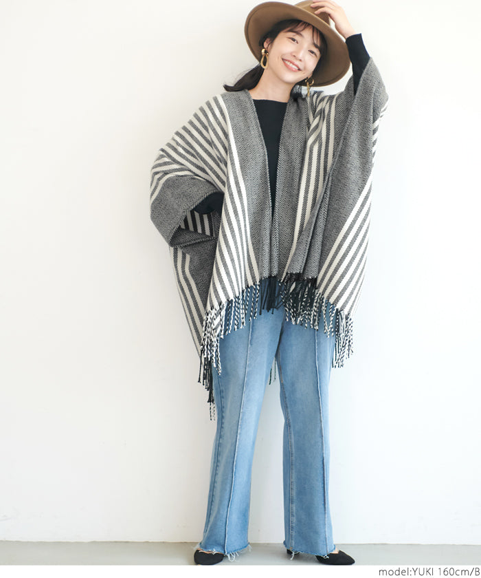 HB4★【メール便不可】ポンチョ レディース 着るストール ショール カーディガン 無地 チェック柄 ストライプ ヘリンボーン