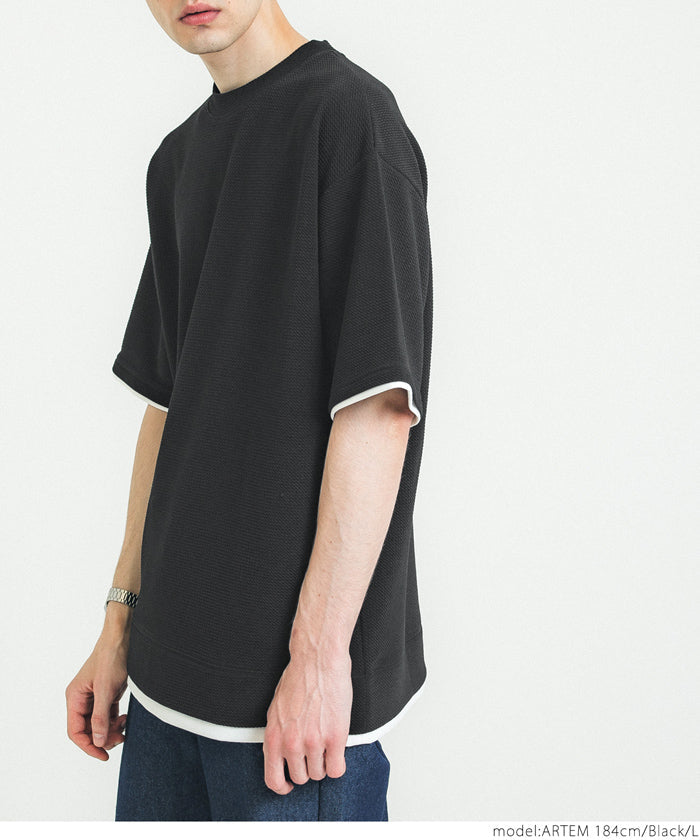 Tシャツ メンズ エンボス エンボス加工 レイヤード風 重ね着 無地 イージーケア 半袖 カジュアル ミディアム丈 伸縮性 メール便不可 23ss coca コカ