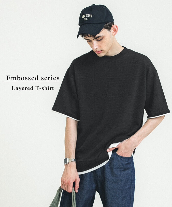 Tシャツ メンズ エンボス エンボス加工 レイヤード風 重ね着 無地 イージーケア 半袖 カジュアル ミディアム丈 伸縮性 メール便不可 23ss coca コカ