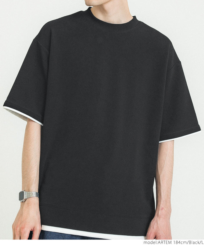 Tシャツ メンズ エンボス エンボス加工 レイヤード風 重ね着 無地 イージーケア 半袖 カジュアル ミディアム丈 伸縮性 メール便不可 23ss coca コカ