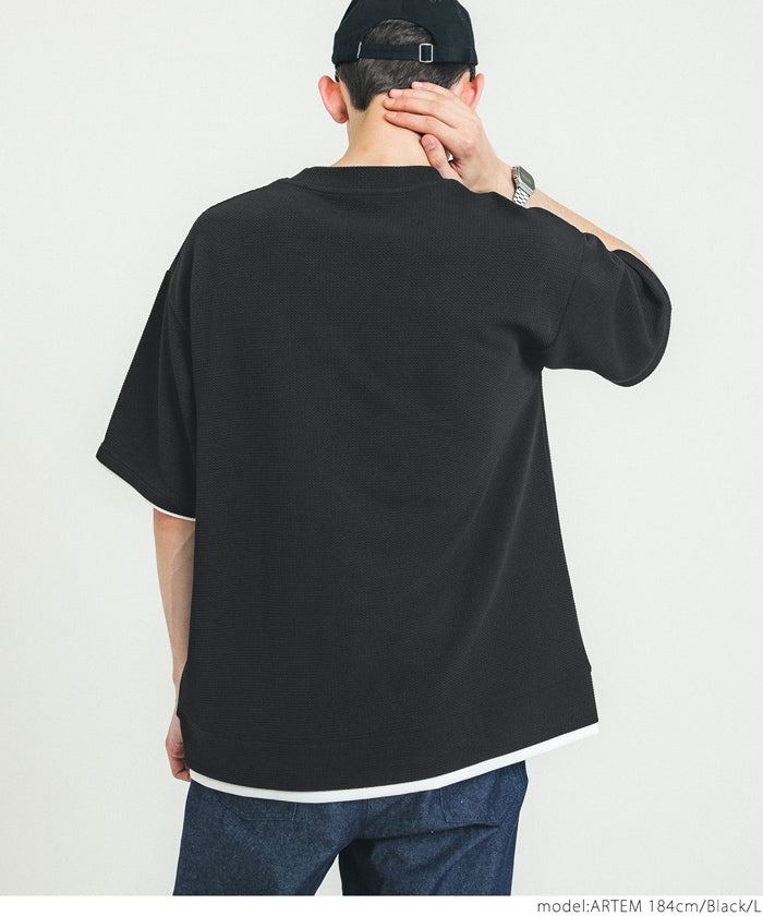 Tシャツ メンズ エンボス エンボス加工 レイヤード風 重ね着 無地 イージーケア 半袖 カジュアル ミディアム丈 伸縮性 メール便不可 23ss coca コカ